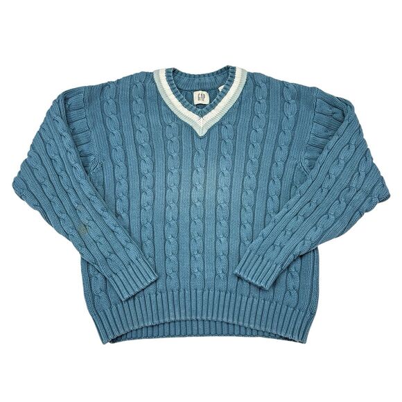 Vintage Gap Sweater Size Medium Blue Cable Knit V Neck Pullover Academic Varsity - Picture 1 of 9